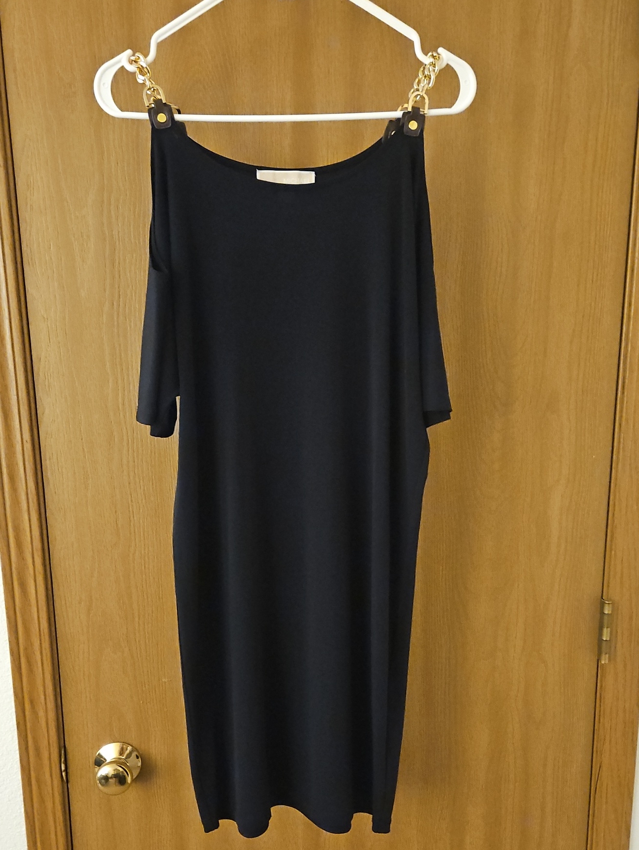 Michael Michael Kors Black Cold-Shoulder Midi Dress With Gold Chain Straps